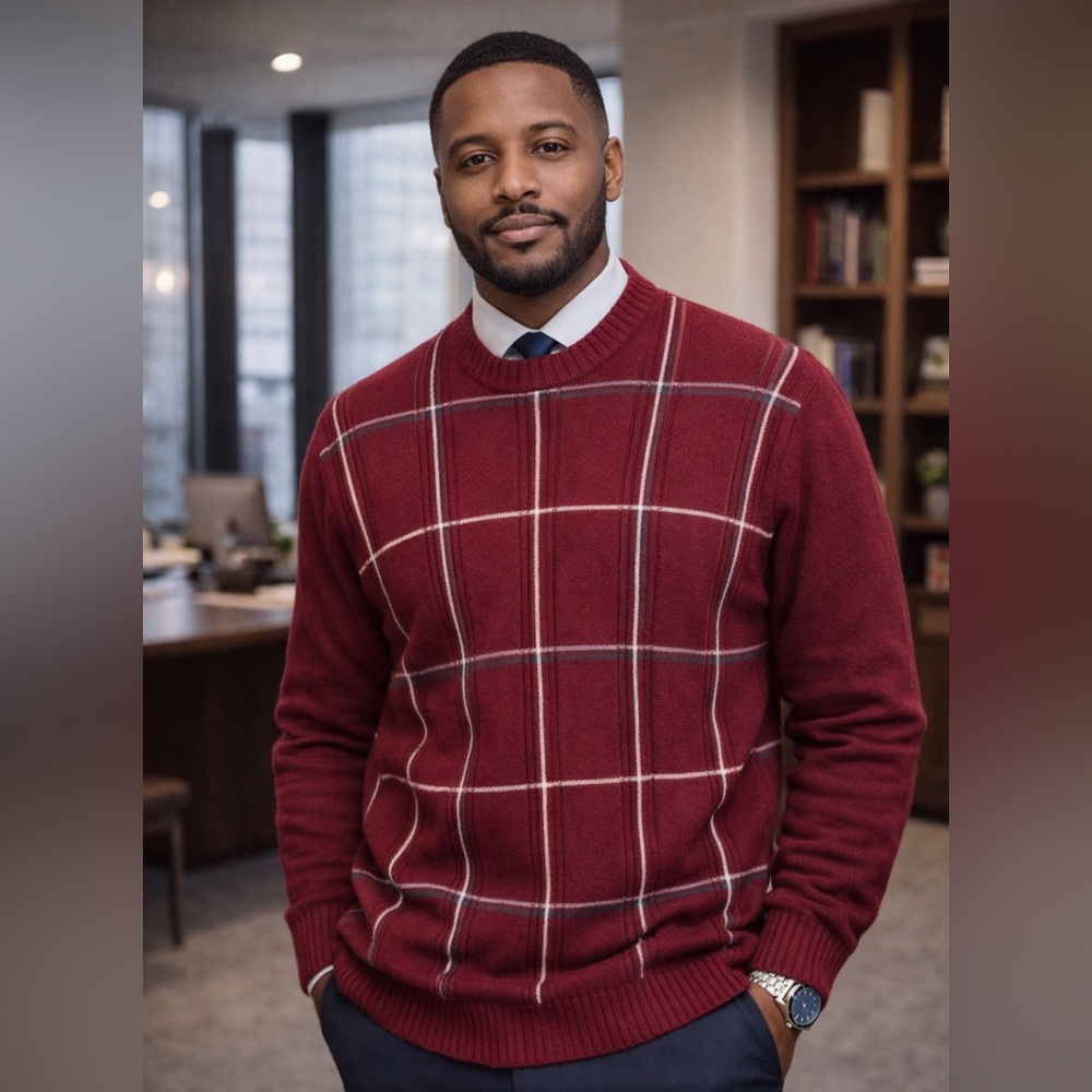 Oscar de la Renta Vintage Knit Sweater – Burgundy Windowpane Plaid – Men’s Large